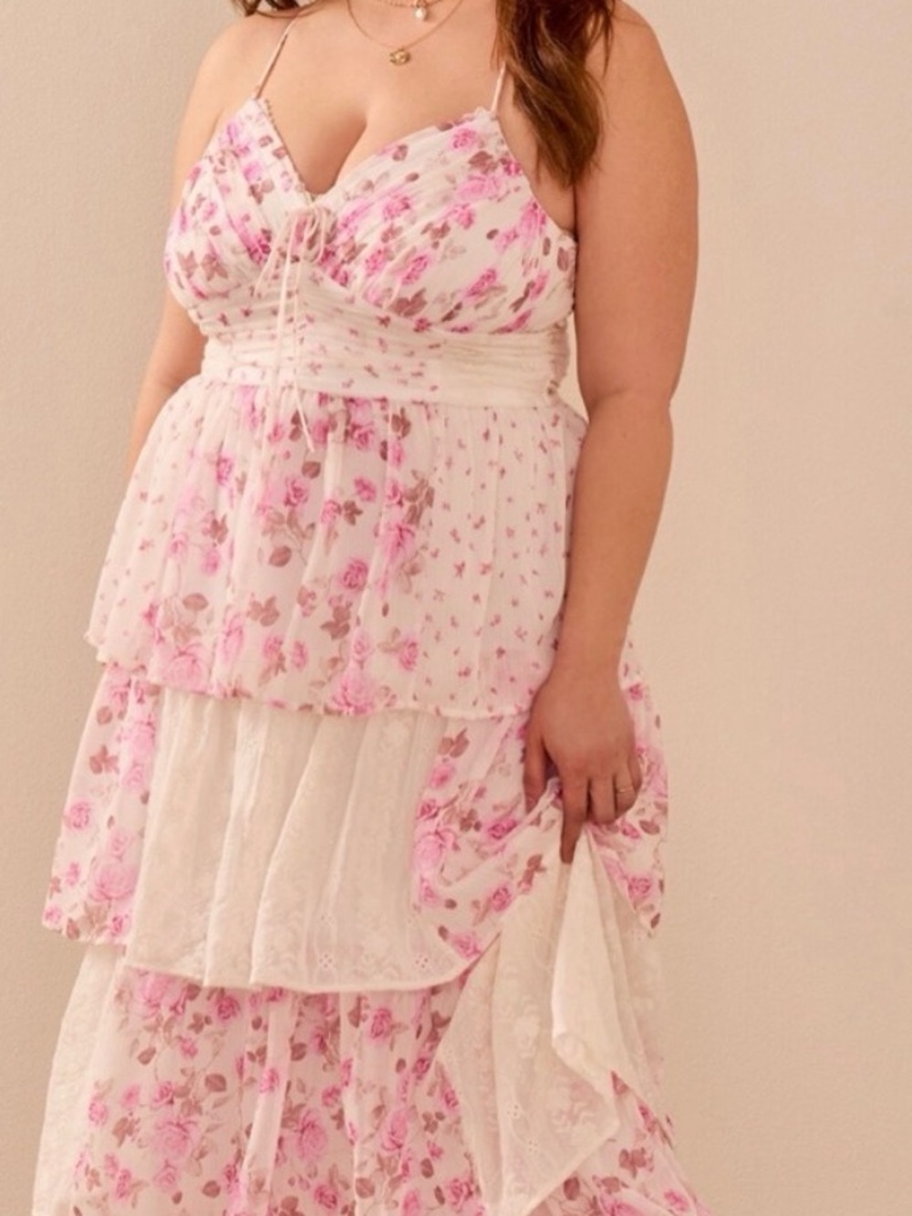 ARULA Pink & White Floral Tiered Maxi Dress with Spaghetti Straps